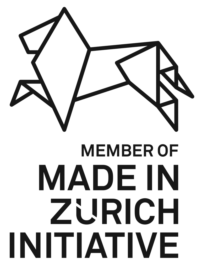 Outline geometric logy as 'Member of Made in Zurich Initiative'. The symbol shows a lion figure above the text