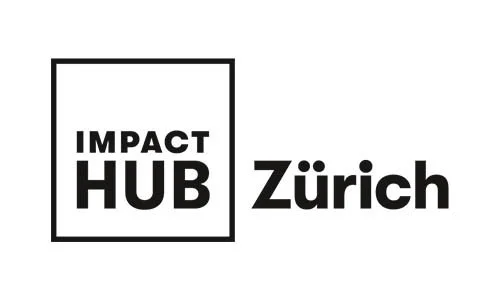 Logo of Impact Hub Zürich with a black square border, containing the words 'IMPACT HUB' in bold, and 'Zürich' outside the square.