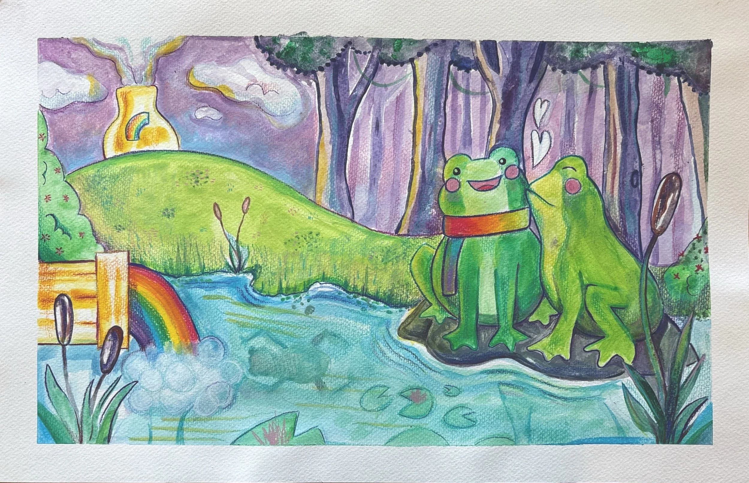 "The Water Turned the Frogs Gay" Gouache with colored pencils, landscape 18 × 12 inches