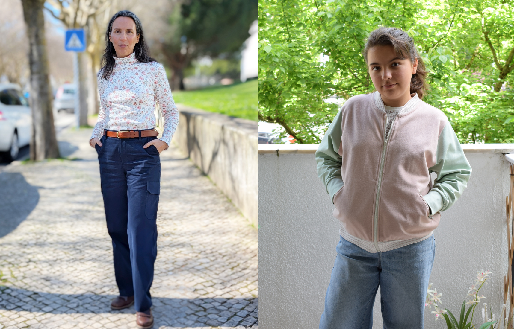 photo of a woman wearing cargo pants and a girl wearing a knit jacket.