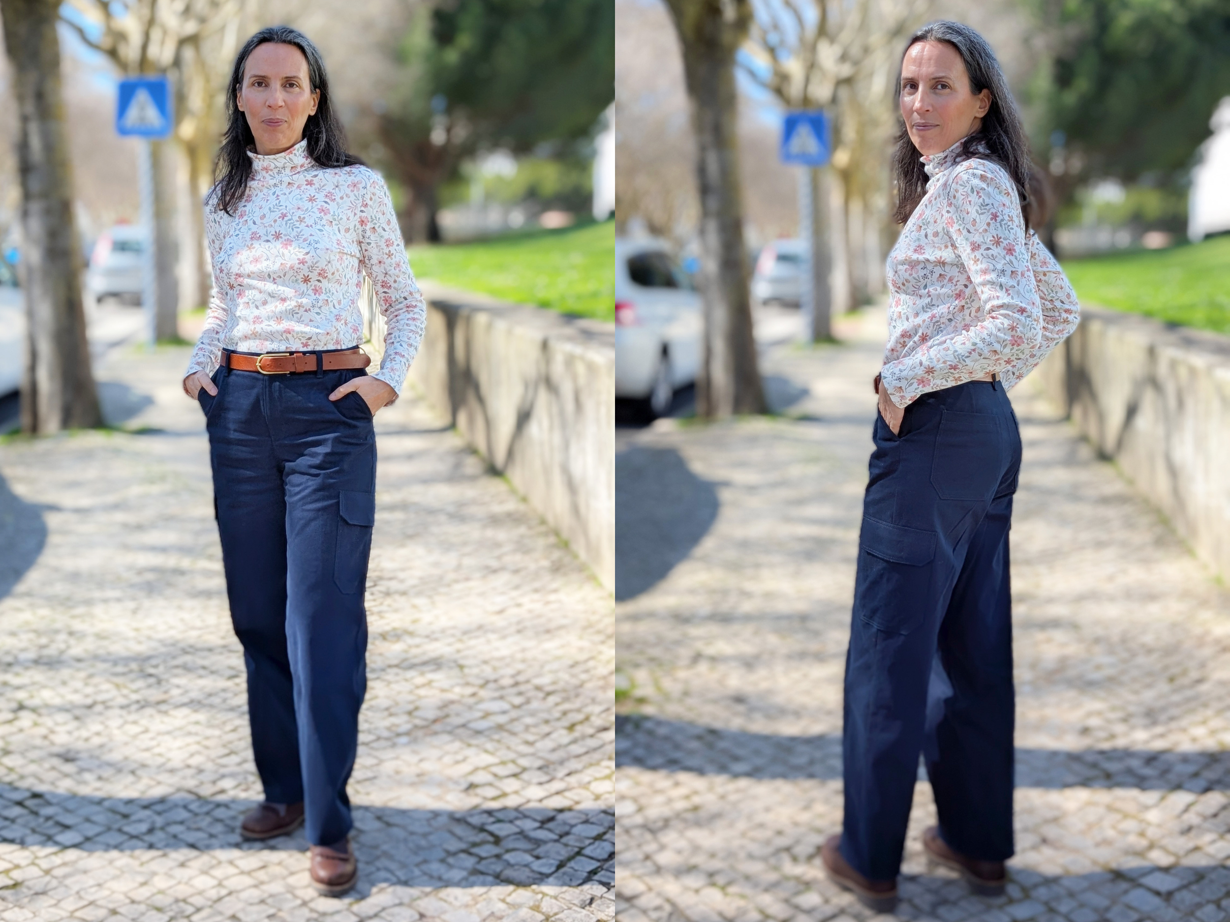 photo of a woman wearing dark blue cargo pants.