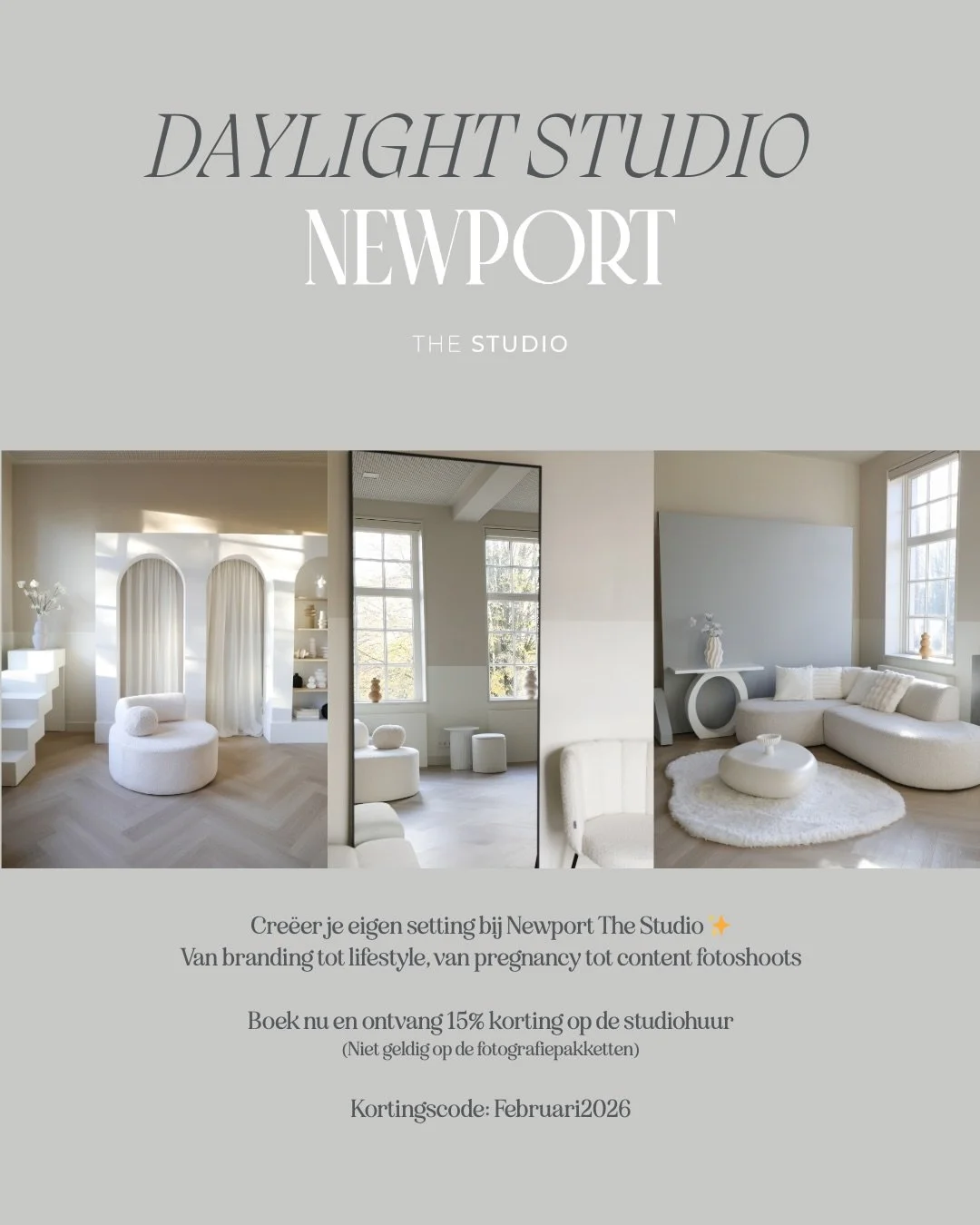 Cre&euml;er je eigen setting bij Newport The Studio ✨
Van branding tot lifestyle, van pregnancy tot content shoots.

Newport The Studio is een lichte loft-achtige studio met grote ramen en een hoog plafond, waar daglicht en ruimte samenkomen. 
De ope