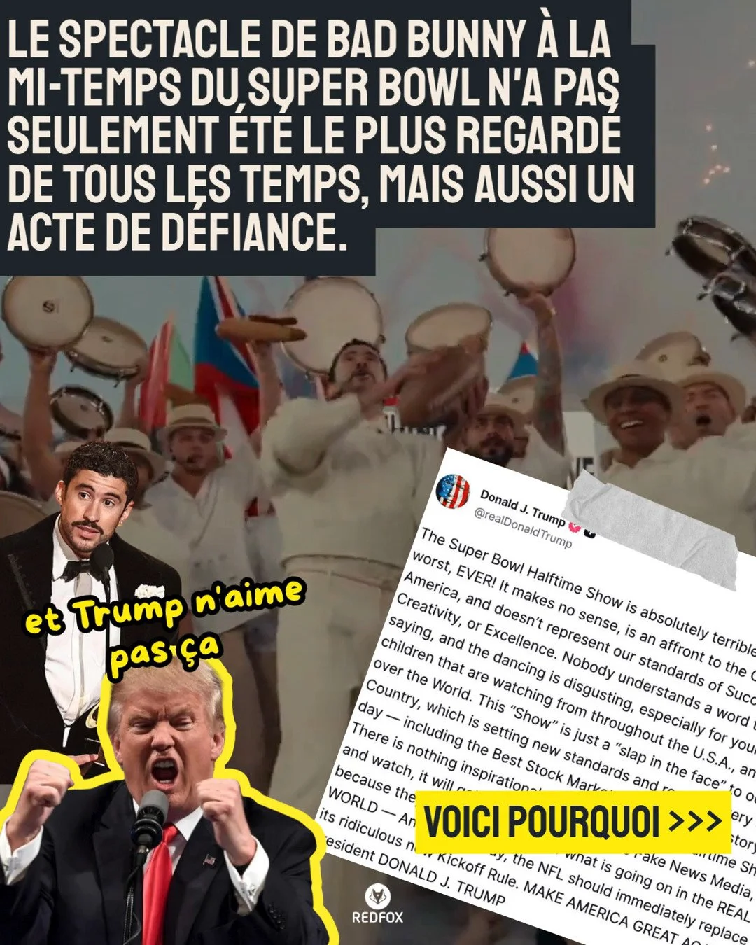 Le spectacle de Bad Bunny &agrave; la mi-temps du Super Bowl n'a pas seulement &eacute;t&eacute; le plus regard&eacute; de tous les temps, mais aussi un acte de d&eacute;fiance ❤️&zwj;🔥 #badbunny #superbowl