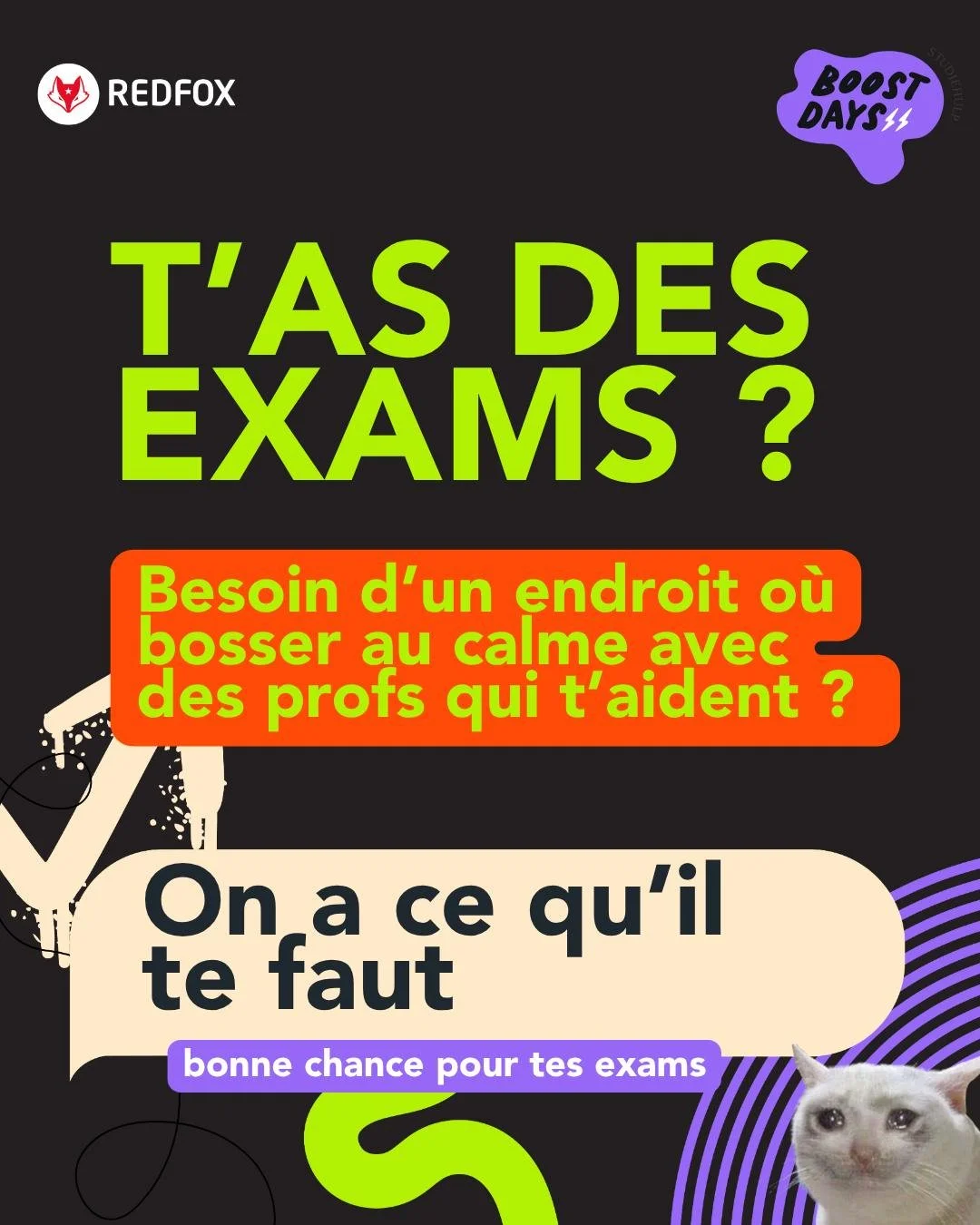 Bient&ocirc;t les examens ?* 👀 On est l&agrave; pour vous ! Viens aux Boostdays de RedFox : un endroit calme pour &eacute;tudier ensemble avec de l&rsquo;aide pour tes r&eacute;visions ! Inscris-toi 👉 lien dans la bio. Des questions ? Envoie-nous u
