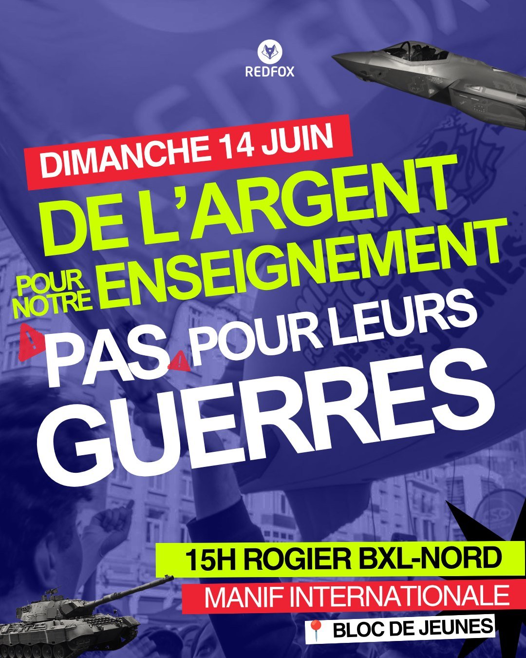 Ce dimanche 14 juin 15h Rogier (Bxl Nord) ✊ De l'argent pour notre enseignement PAS pour leurs geurres ‼️ #manif #enseignement #militarisation
