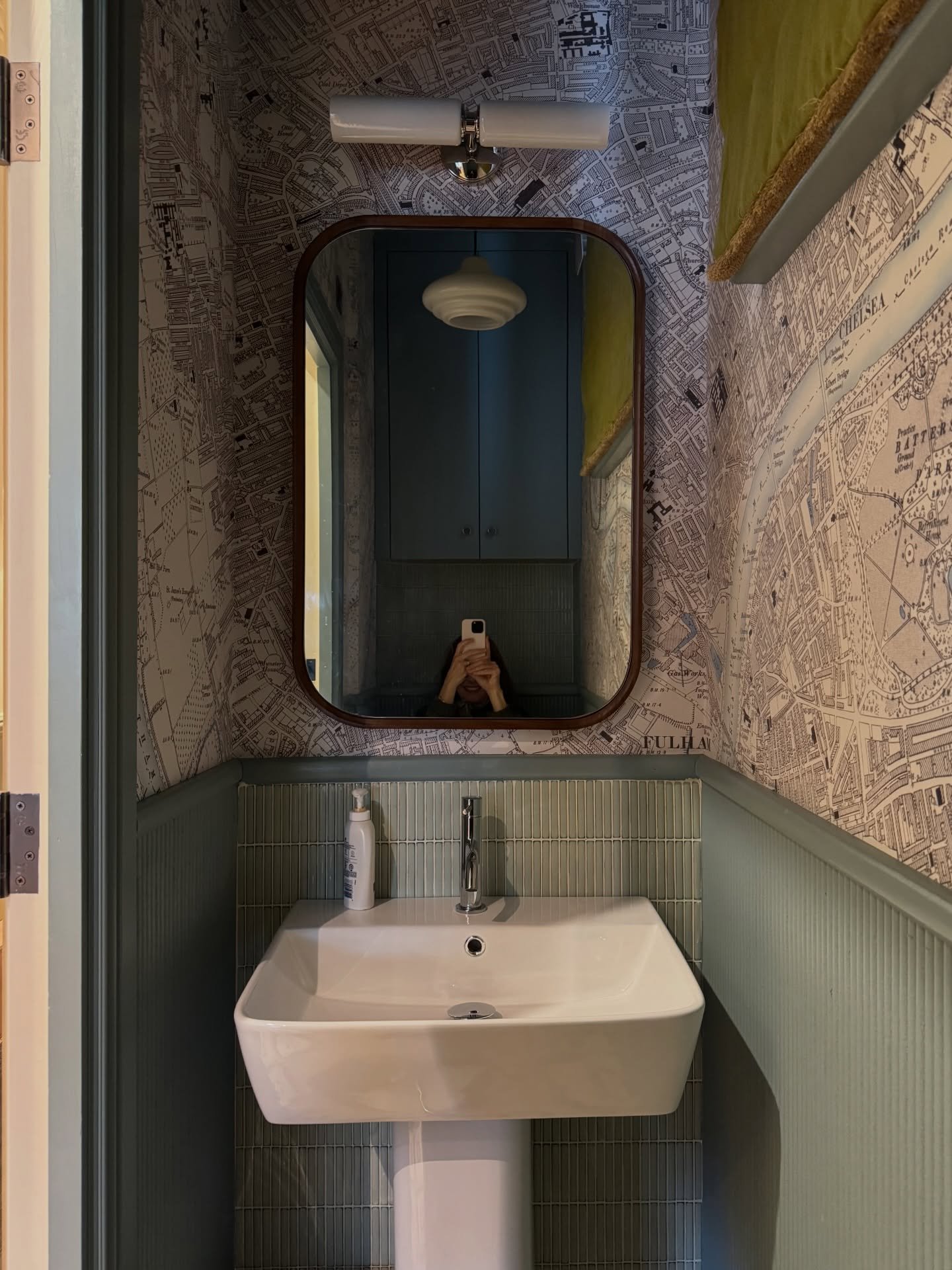 View from a loo WIP shot from our #Chiswick High Road project where we&rsquo;ve wrapped the walls in an old ordinance survey map of the area. Dinner party talk point 🔍
.
.
.
#cloakroomwc #downstairsloo #chiswickhomes #chiswickinteriors