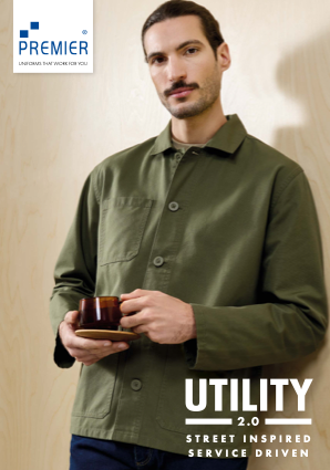 A man in a green utility jacket holding a ceramic mug, standing against a plain background. The image features promotional text about work uniforms and service.