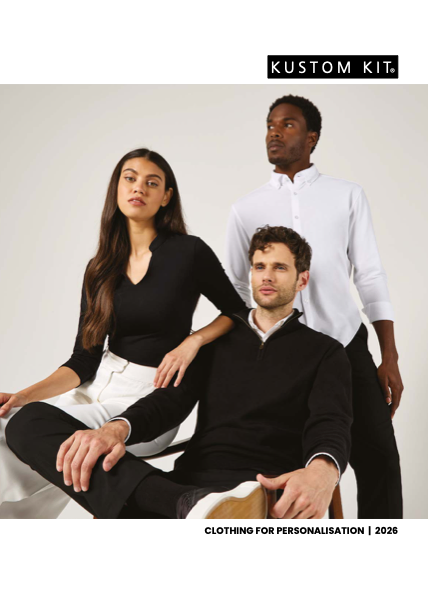 Three models wearing black and white clothing in a studio setting for Kustom Kit clothing brand, with the text "Clothing for Personalisation | 2026" at the bottom.