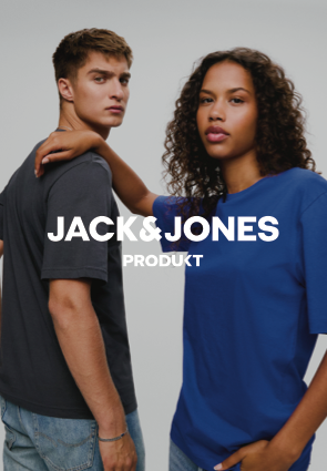 Two young models, a man and a woman, posing in casual clothing against a plain background, with the text 'JACK & JONES PRODUKT' overlayed.
