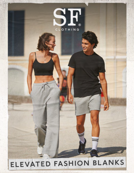 Two young people walking together outdoors, smiling, with the SF Clothing logo above them, and the text 'Elevated Fashion Blanks' at the bottom.
