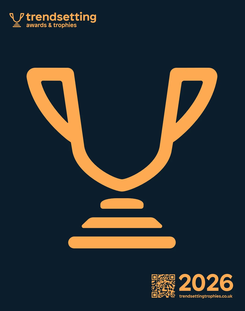 Graphic design for the Trendsetting Awards & Trophies 2026, featuring a stylized orange trophy icon on a dark background with a QR code and website link.