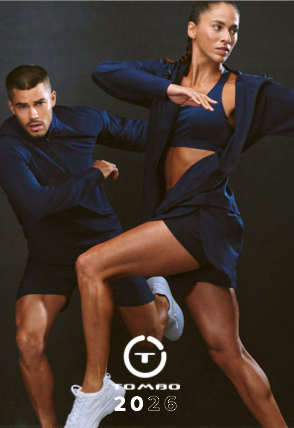 Two athletes in athletic wear posing against a dark background, one female and one male, both in dynamic stances.