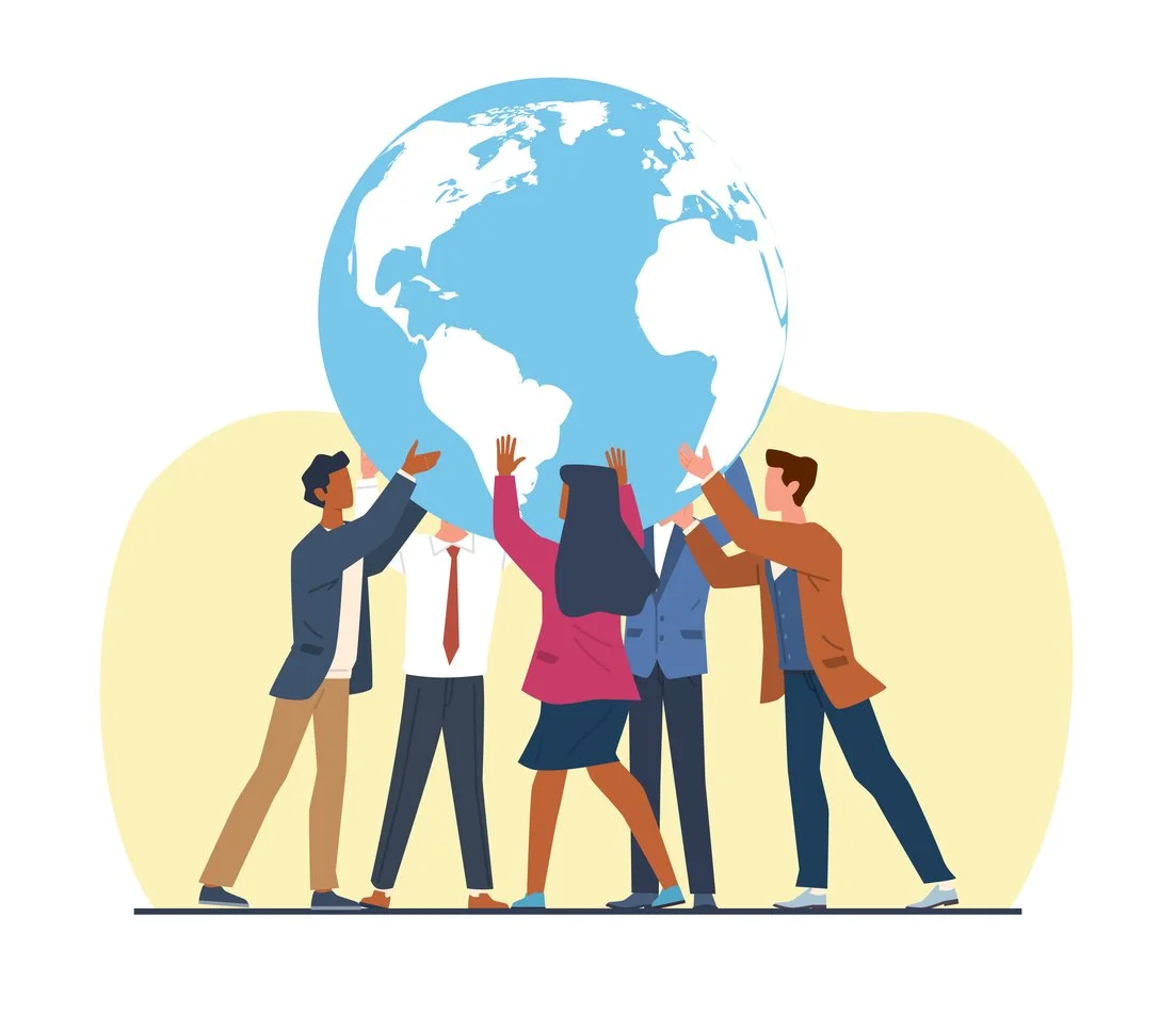 An illustration showing 5 business people holding up planet earth