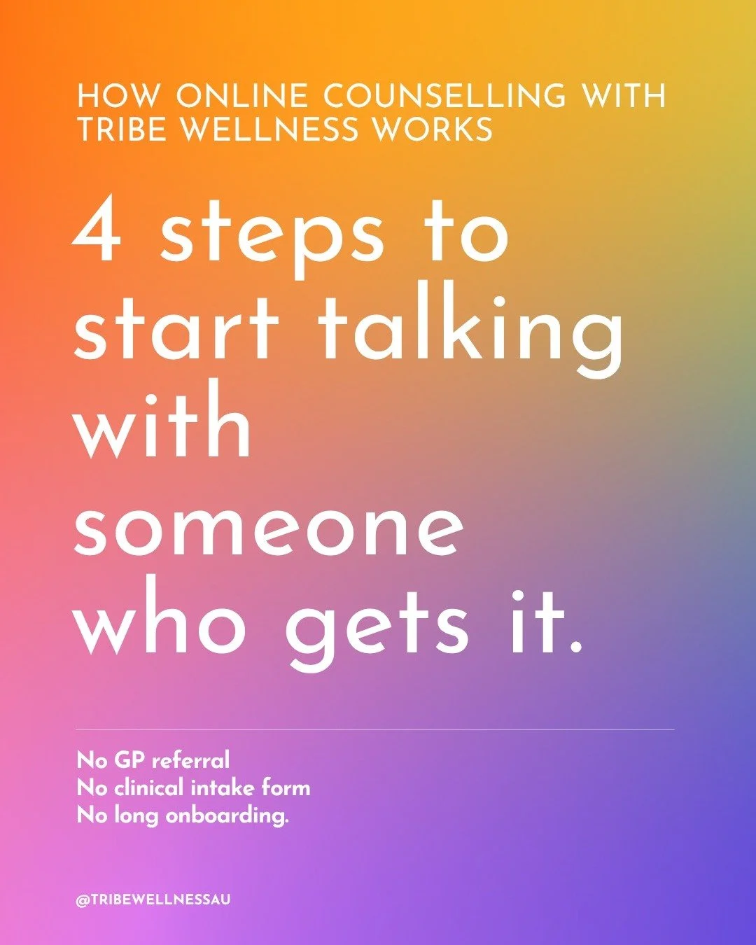 Starting counselling shouldn&rsquo;t feel like another overwhelming task.

At Tribe Wellness, getting started is simple:

🌈 Book a free 15-minute discovery call
🌈 Meet Josh and see whether he feels right for you
🌈 Choose online counselling from an