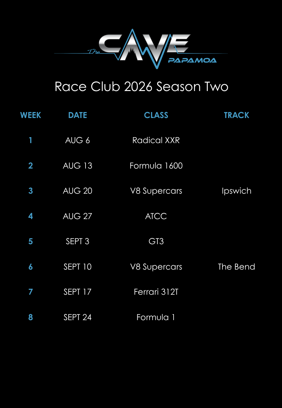 Race Club 2026 Season One schedule from The Cave Papamoa, listing dates, classes, tracks, and countries for V8 Supercars races including locations like Bathurst, Watkins Glen, and Suzuka.