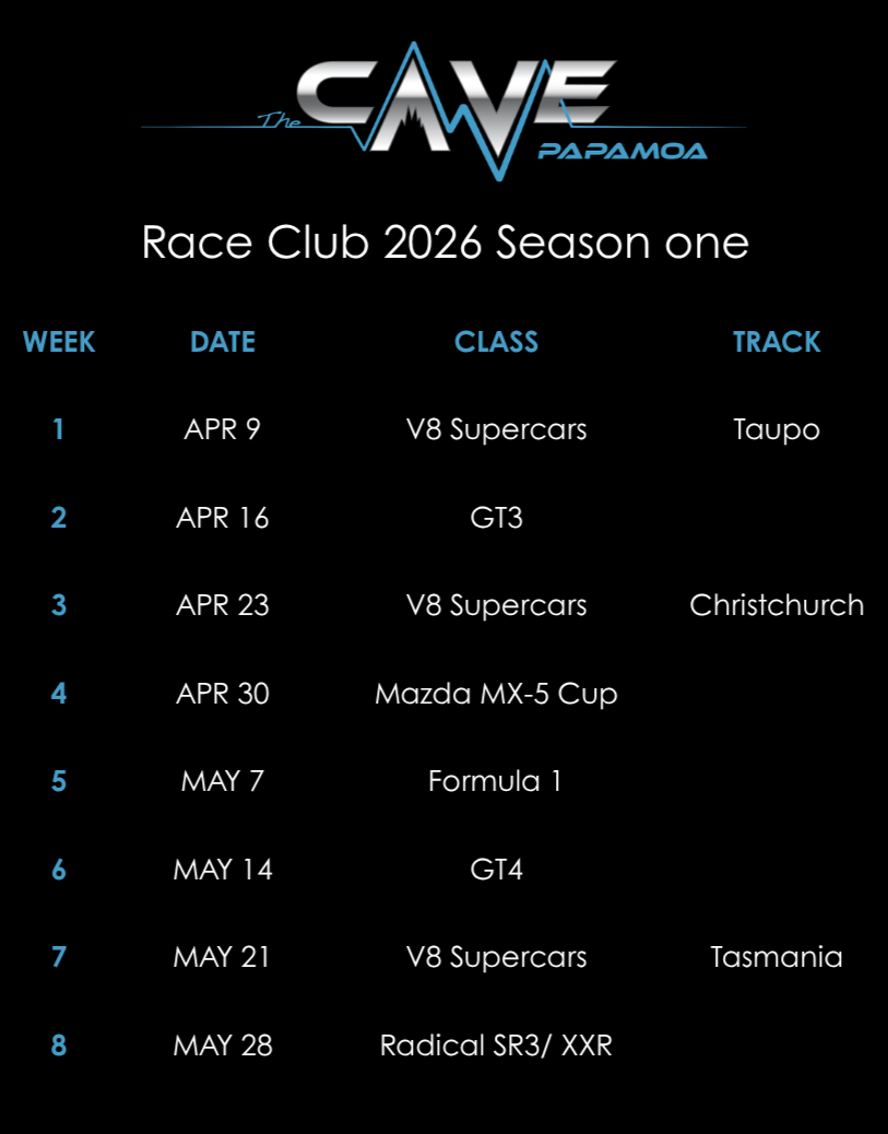 Race Club 2026 Season One schedule from The Cave Papamoa, listing dates, classes, tracks, and countries for V8 Supercars races including locations like Bathurst, Watkins Glen, and Suzuka.