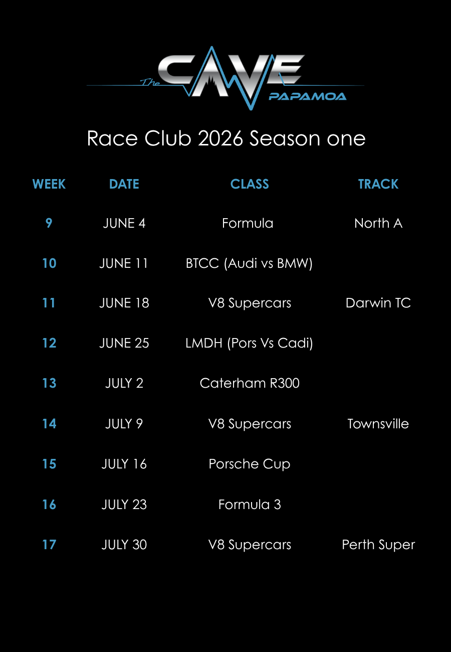 Race Club 2026 Season One schedule from The Cave Papamoa, listing dates, classes, tracks, and countries for V8 Supercars races including locations like Bathurst, Watkins Glen, and Suzuka.