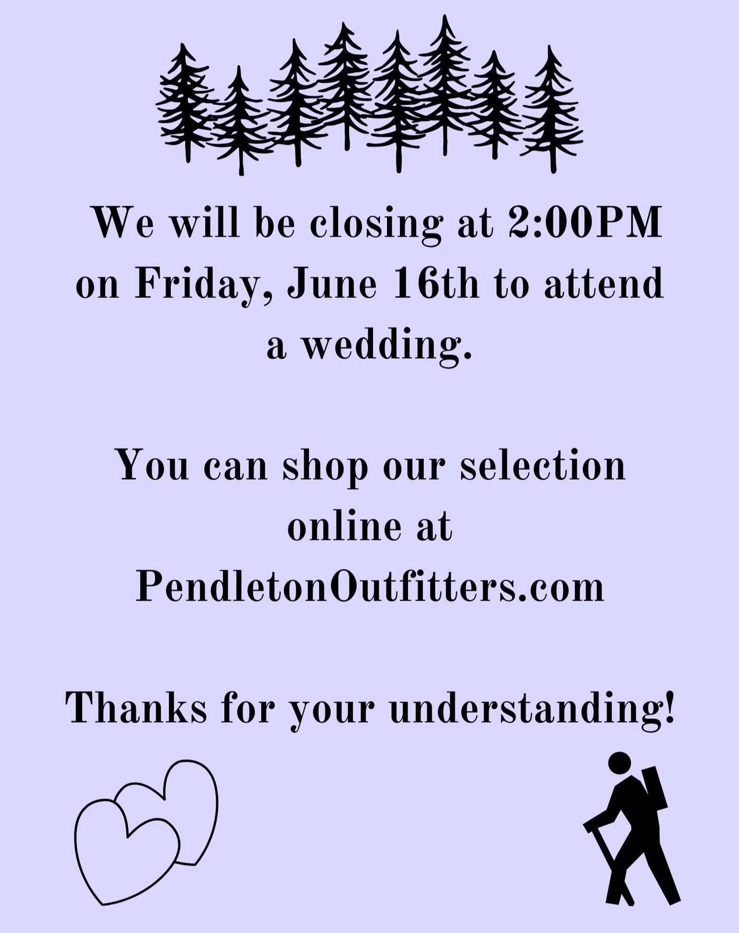 It's wedding season! We will be closing at 2:00pm on Friday, June 16th, but will be open again on Saturday the 17th!
Thanks for your understanding.