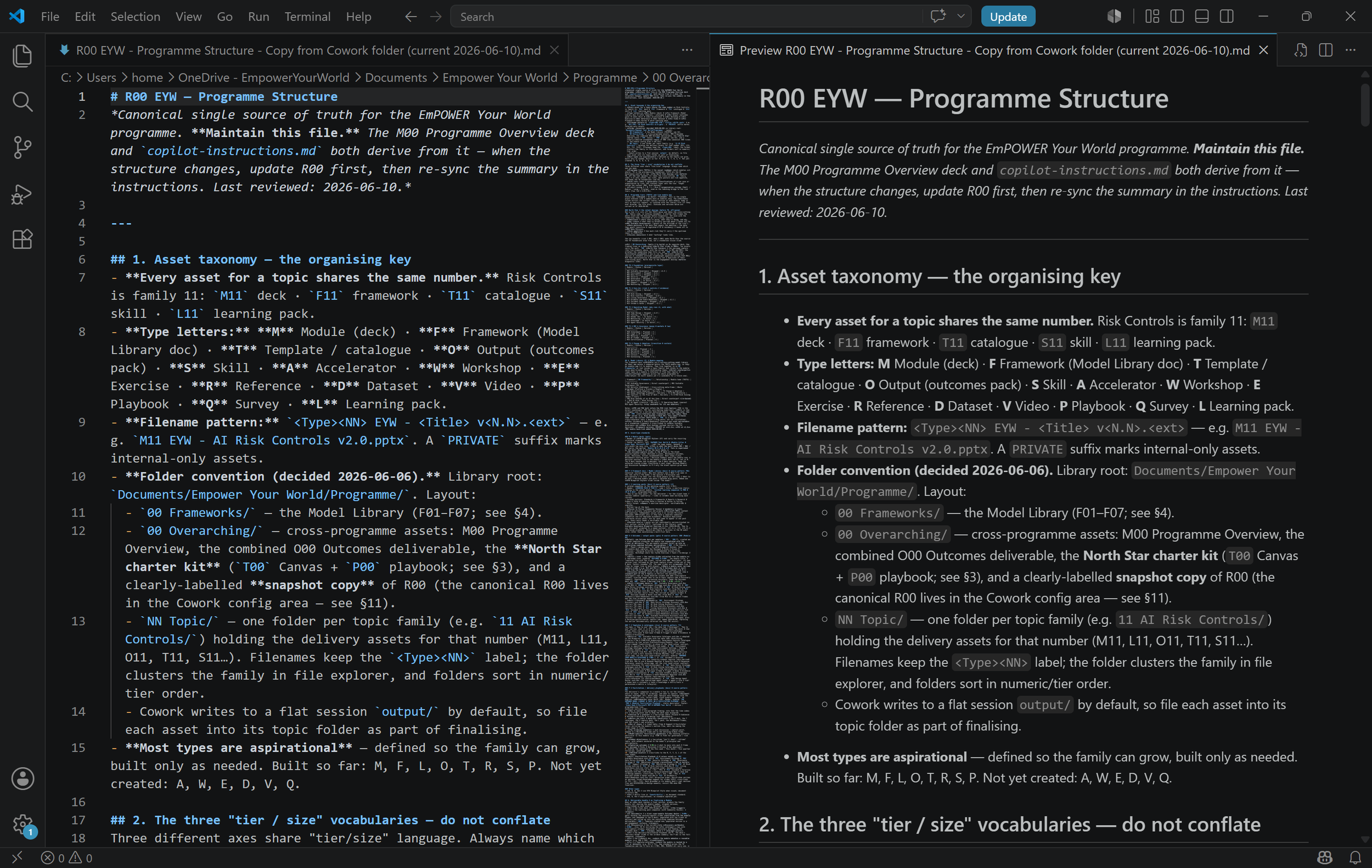 Screenshot from Visual Studio of my R00 Programme Structure Markdown file