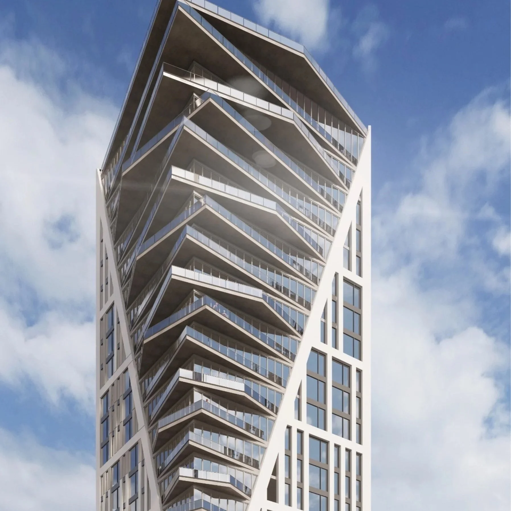 A modern high-rise building with multiple balconies, featuring large glass windows and white structural supports, set against a partly cloudy sky.