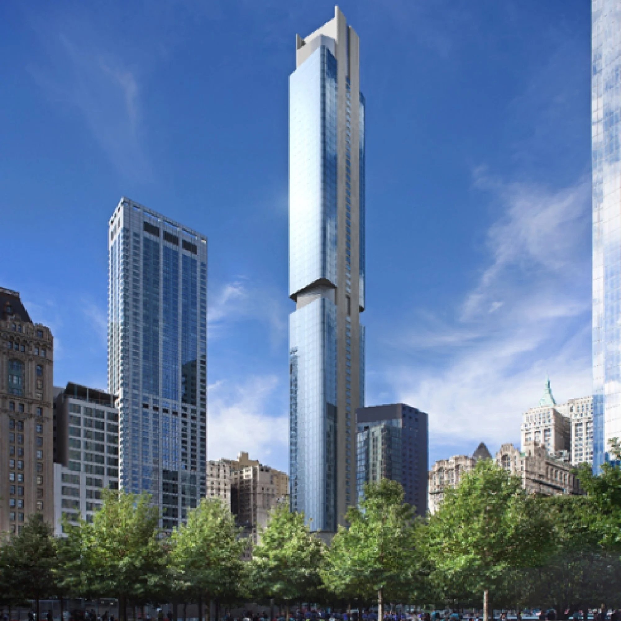A tall modern skyscraper with a glass exterior, surrounded by other high-rise buildings and trees in an urban cityscape under a blue sky.