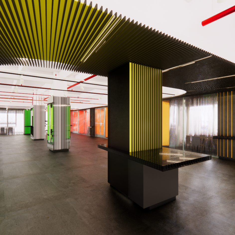 Interior of a modern, colorful office with black, yellow, green, and orange vertical striped panels and ceiling accents, concrete floor, and large windows with curtains.