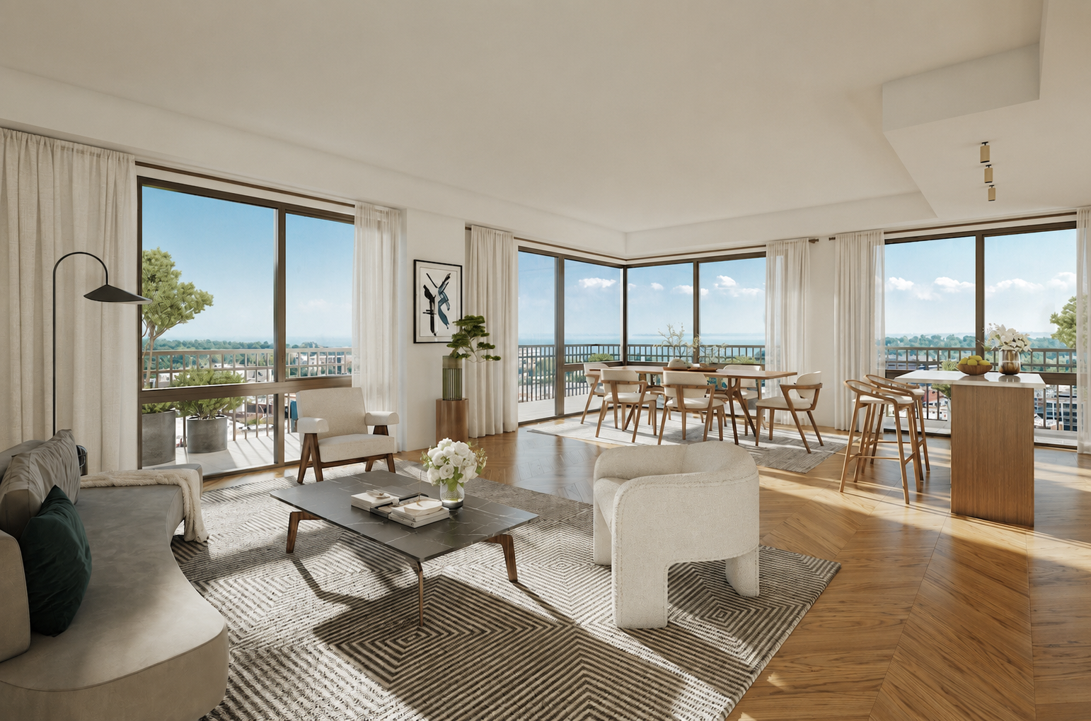 Spacious modern living room with large windows, beige and white furniture, a coffee table, a dining table, and a balcony view of trees and blue sky.