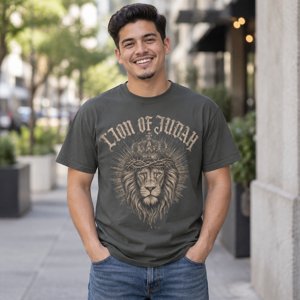 Smiling man wearing a pepper gray Lion of Judah Christian t-shirt