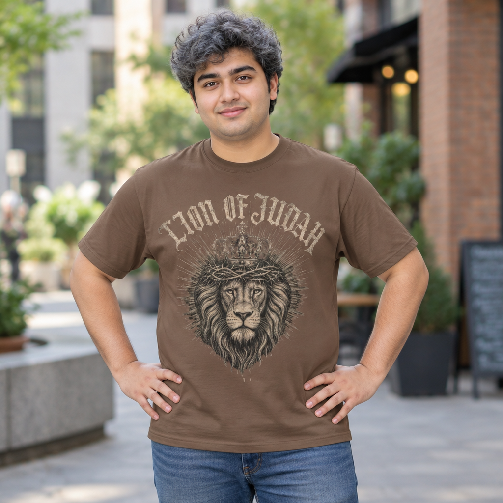Man wearing a brown Lion of Judah vintage Comfort Colors t-shirt