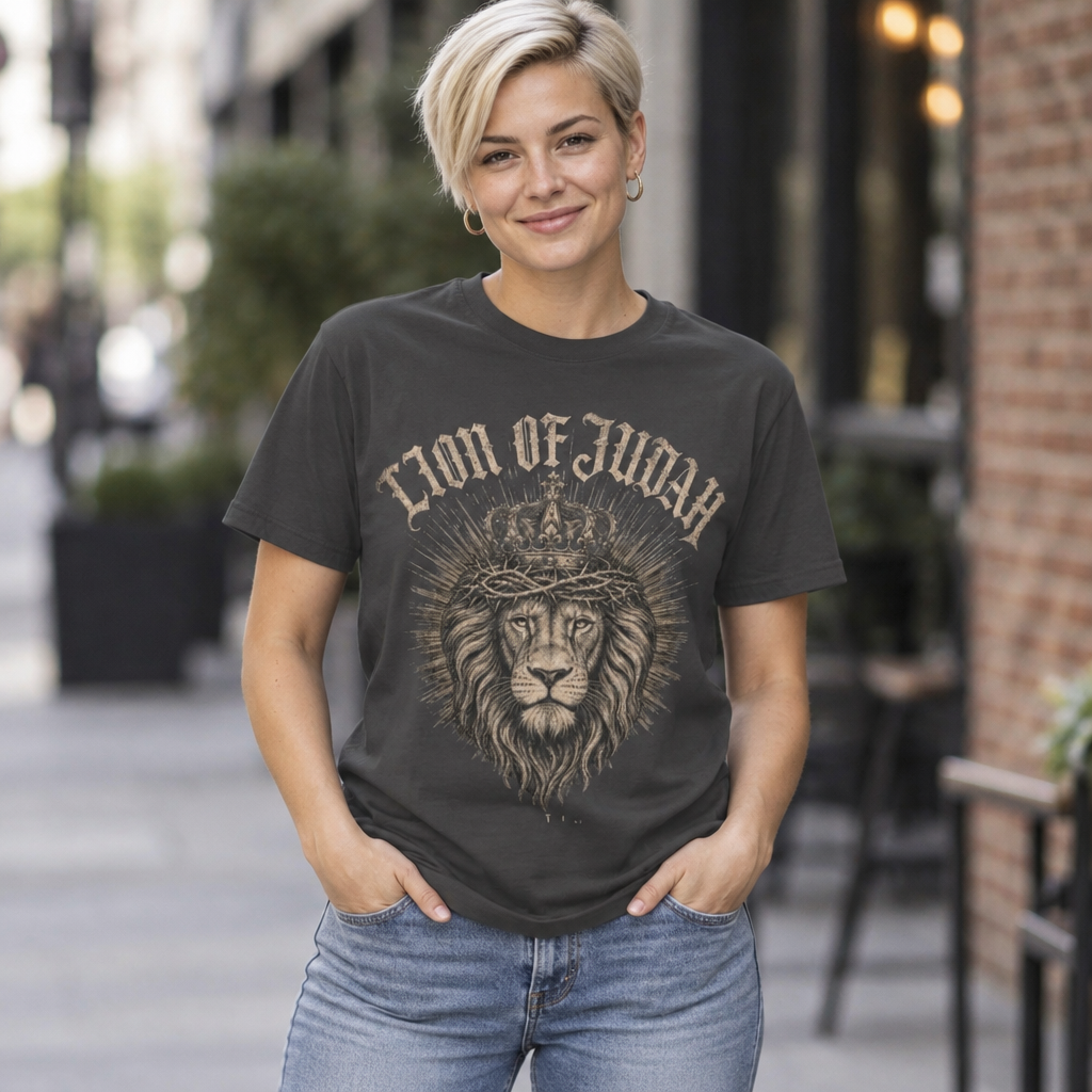 Woman wearing a charcoal Lion of Judah Christian t-shirt