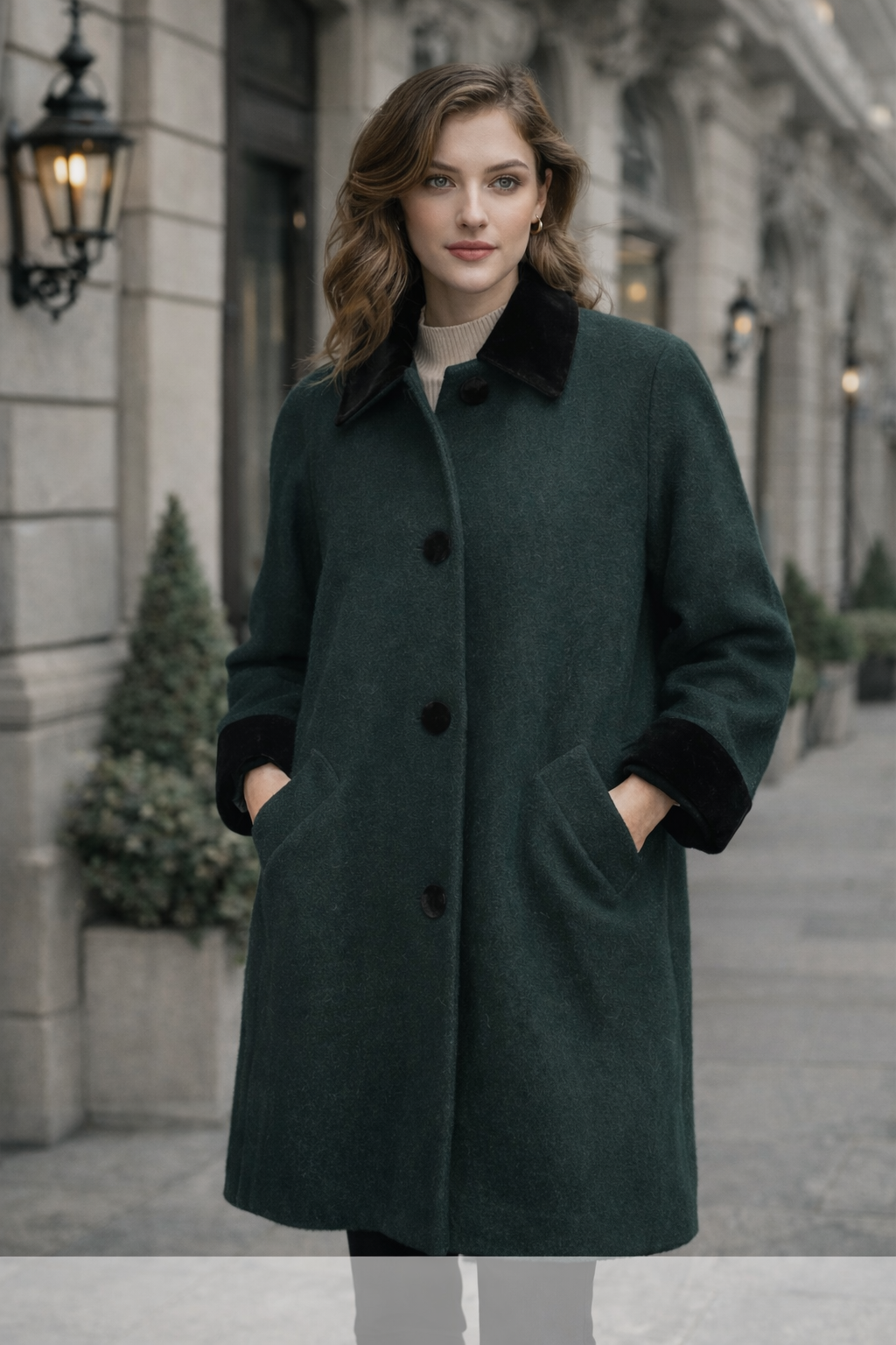 Vintage Herman Kay Green Wool Coat for Women | Velvet Collar Classic