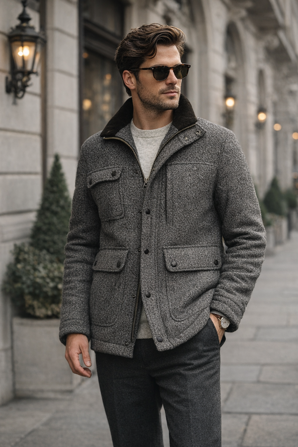 Men’s 100% Wool Herringbone Jacket | Classic Tailored Quiet Luxury Coat