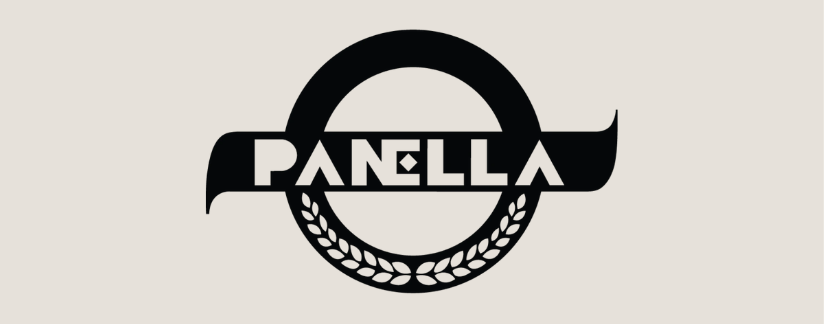 Logo nero con la parola 'PANELLA' al centro, circondato da una corona di foglie di grano.