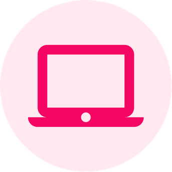 Icona di un laptop rosa su sfondo bianco con cerchio rosa attorno.