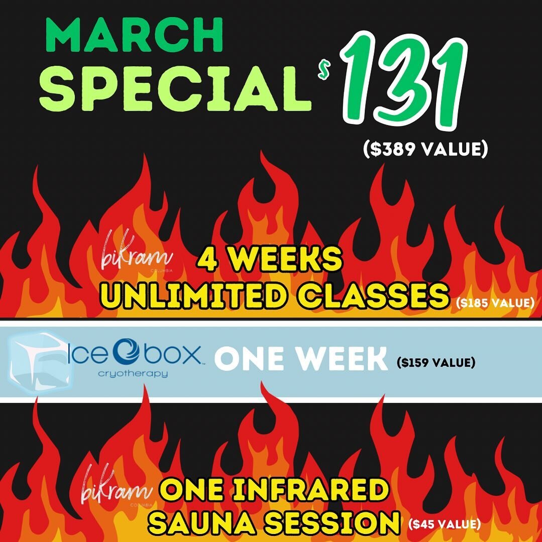 Offered March 1 - 31. 
Activates 1st use. 
Must activate by April 17th

☘️☘️$131 March SPECIAL🍀☘️($389 value)
&hearts;️4 weeks unlimited classes @BYC
🤍 1 Infrared Sauna session @BYC
💙 One Week @Icebox Cryotherapy

❇️ BUY SPECIAL ❇️
👉in studio
👉T