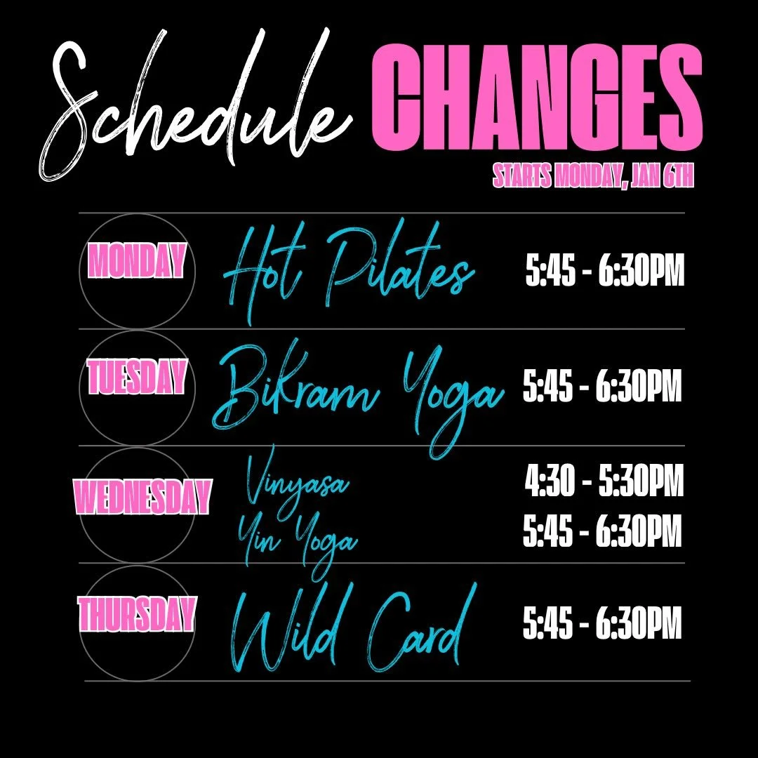 ✨ Schedule Update Starting TOMORROW ✨

We&rsquo;ve made a few tweaks to our evening lineup, and it officially starts Monday, January 5th 🗓️

Same sweat. Same energy. A little refresh. 💦🔥
Check the graphic and plan your week with us!

#BikramColumb