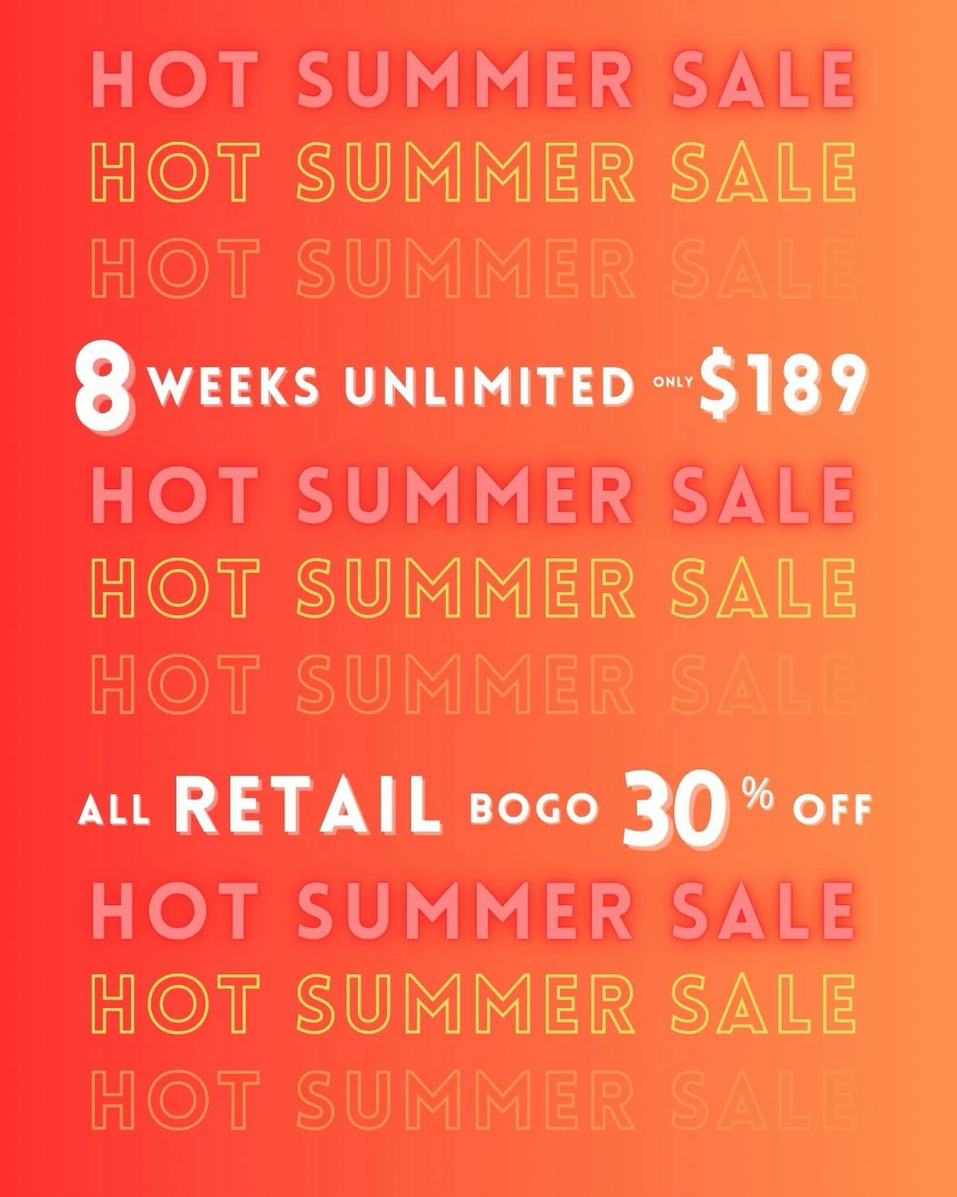 🔥 HOT SUMMER SALE IS HERE 🔥

Your summer reset starts now.

☀️ 8 Weeks Unlimited Yoga for only $189
💰 That&rsquo;s a $390 value &mdash; save $201
🛍️ ALL retail is BOGO 30% OFF

Whether you&rsquo;re looking to build consistency, improve flexibilit