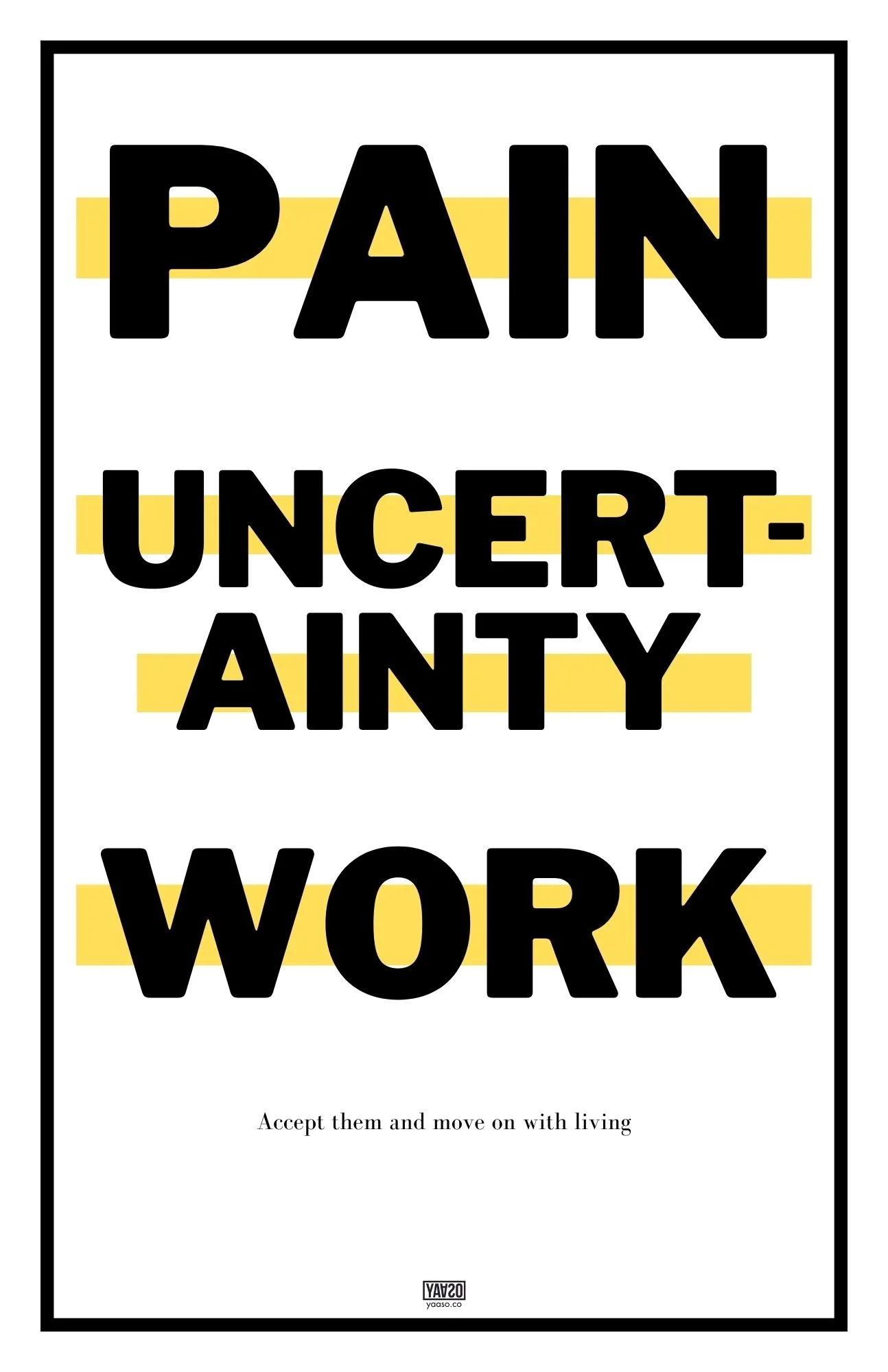 A poster with the words Pain, Uncertainty, and Fear in large impactful black letters