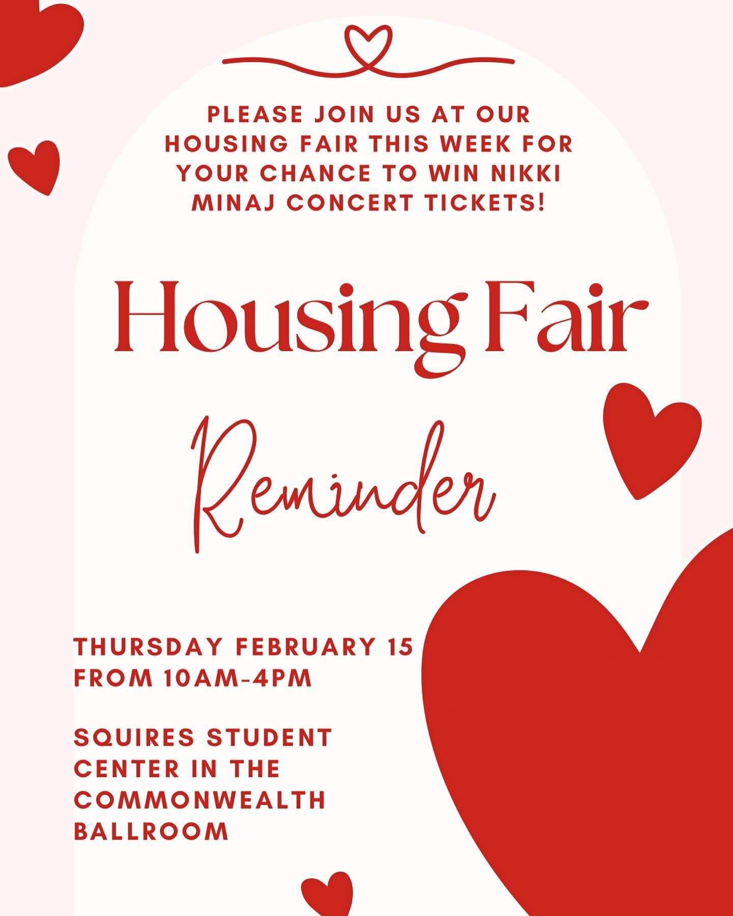 Don't forget about our Housing Fair this week ! 

Join us on Thursday February 15th at Squires Student Center Commonwealth Ballroom from 10am-4pm! 

We look forward to meeting new future Terrace View Residents!! Come out, take some candy , chat about