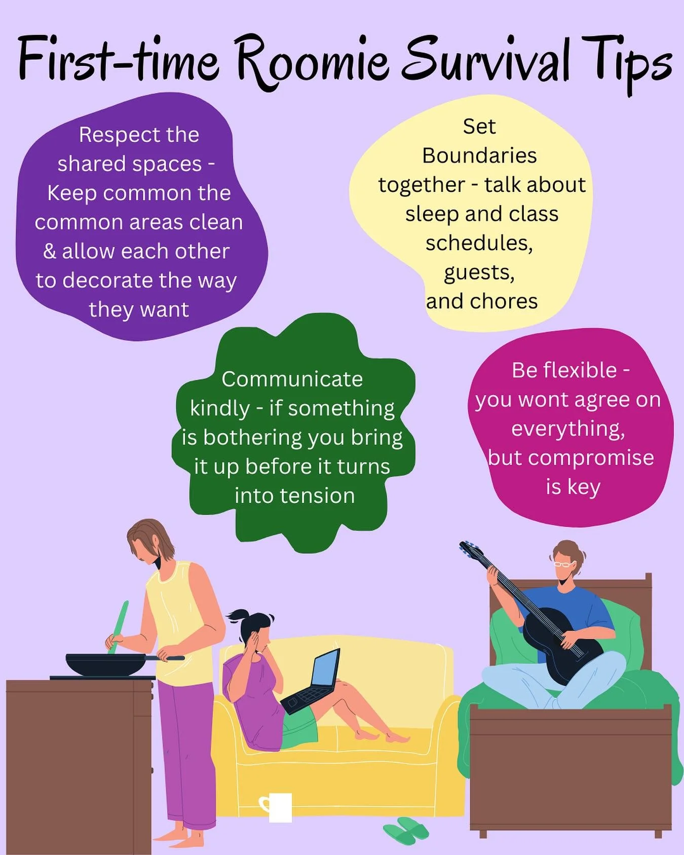 Can you believe it is only 5 days until move in!! Are you feeling nervous about meeting the person you roommate matched with or about moving in with a friend? Here are some helpful tips that can almost guarantee to get you off on the right foot! 

#w