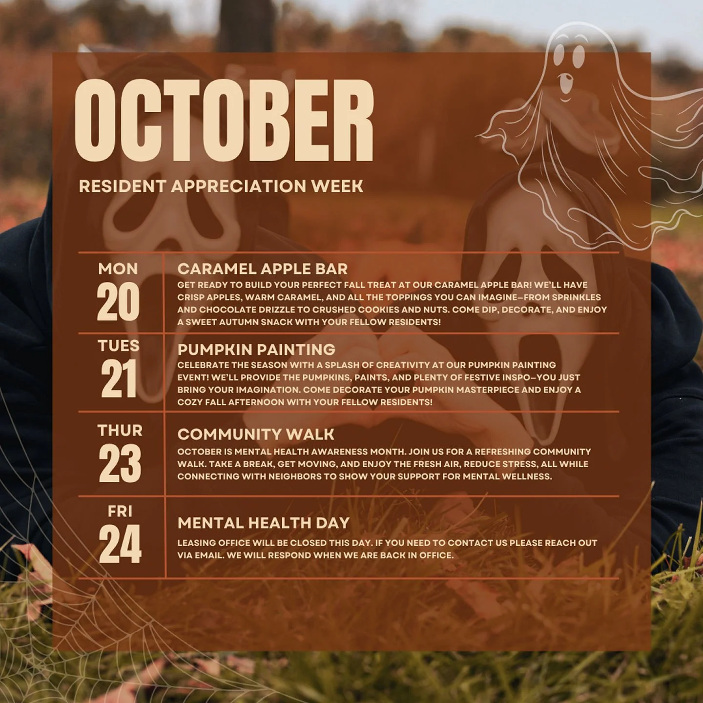 Fall vibes + community fun = the perfect October combo 🎃✨ Don&rsquo;t miss out on this month&rsquo;s resident events! #studentliving #communityvibes #relaxandunwind