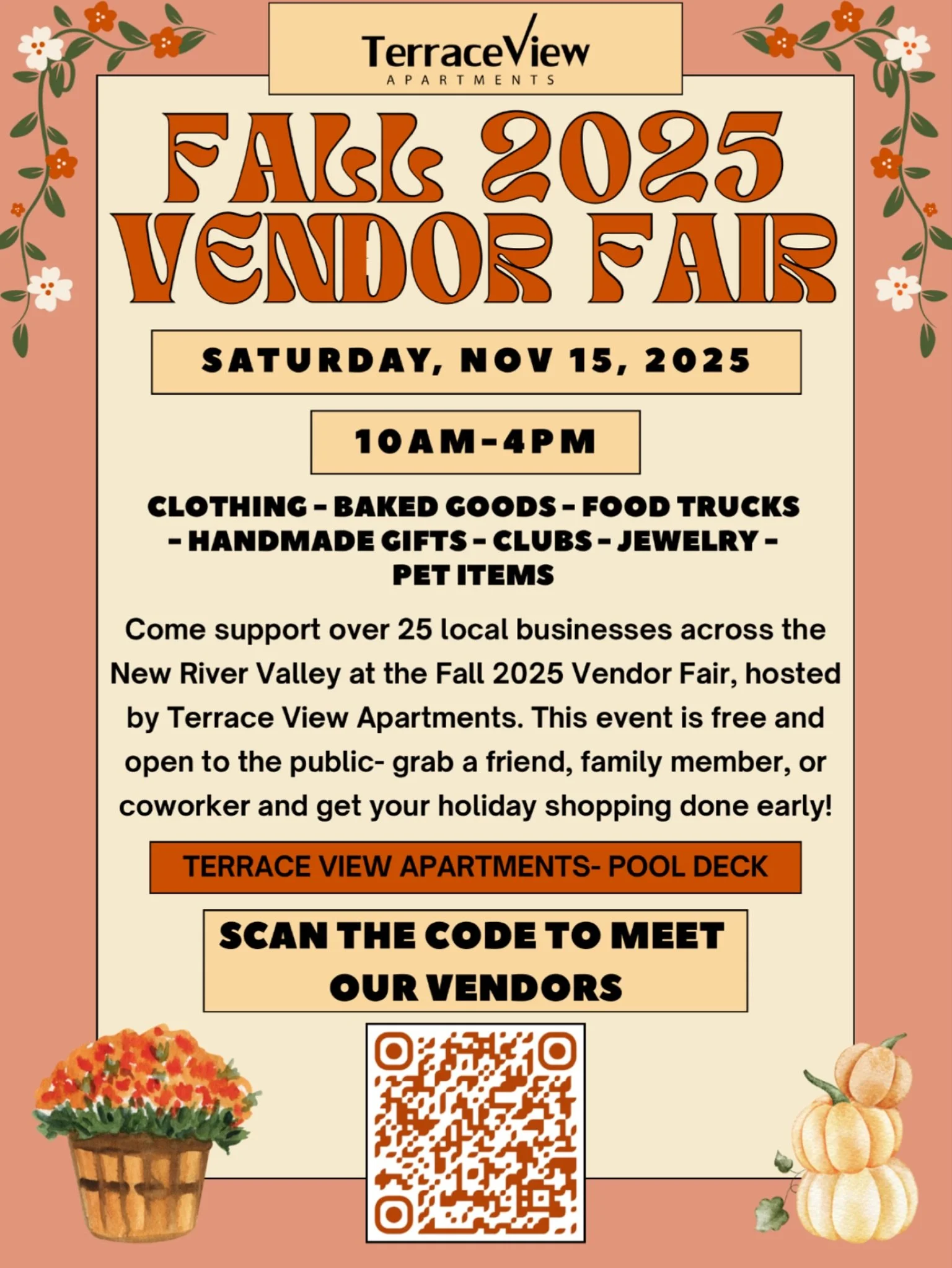 Did you hear? Terrace View is hosting its first annual Fall Vendor Fair on Saturday, November 15th! This event is FREE and open to the public! We are passionate about promoting local businesses, and we have over 25 vendors signed up and ready to gree