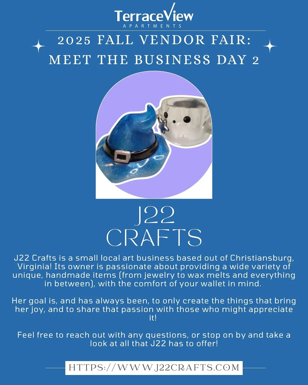 Vendor Introduction Day 2- J22 Crafts👻📖🕯️

From incense to wax melts to blind date with a book deals, J22 Crafts has it all! If you&rsquo;re shopping for someone whimsical who loves eclectic gifts, this is the PERFECT booth for you to stop by at t