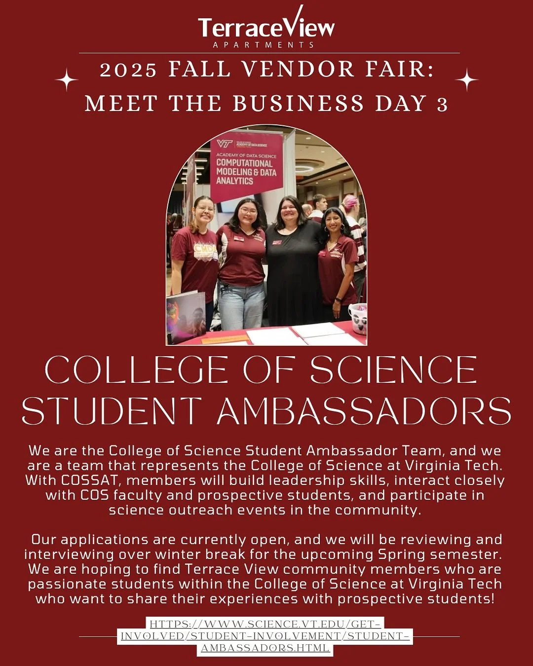 Vendor Introduction Day 3- Virginia Tech College of Science Student Ambassadors (COSSAT)🧬🔬🧪

Looking to meet some of your fellow students and get more involved on campus? @vtcossat could be the place for you! Stop by their booth at the vendor fair