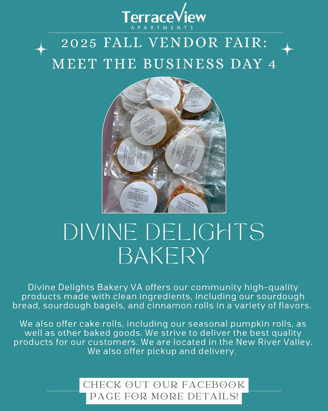 Vendor Introduction Day 4- Divine Delights Bakery VA🍪🍞🍰

Coming to the vendor fair? Make sure to bring your sweet tooth because @divinedelightsbakeryva will satisfy with pumpkin rolls, cookies, sourdough, and so many other options! 
.
.
.
.
.
#bak