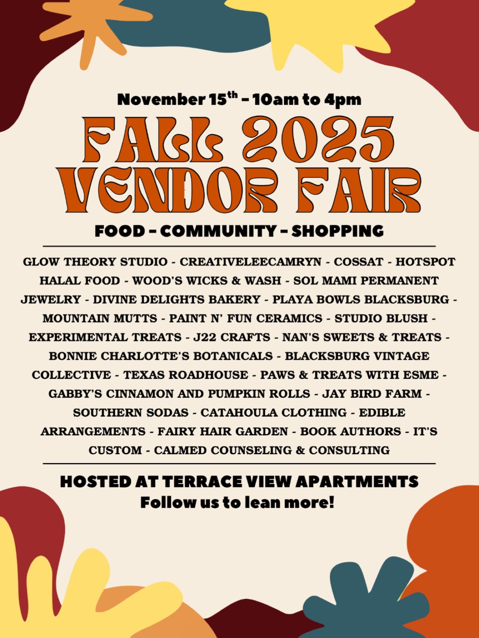 Join us @ Terrace View THIS SATURDAY 11/15 from 10am to 4pm for the Fall Vendor Fair! This event is FREE to enter and open to the public, so bring a plus one and have some fun!

From good food to great community to amazing shopping, there&rsquo;s sur
