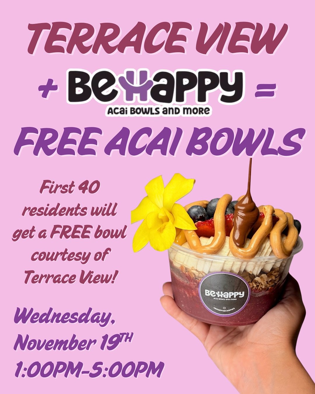 Wednesday is gonna be a good day🍓🥥🫐

How do we know? We&rsquo;re excited to welcome Be Happy A&ccedil;a&iacute; for a pop up event at Terrace View this Wednesday! The best part? The first 40 residents get a FREE bowl with their choice of base + to