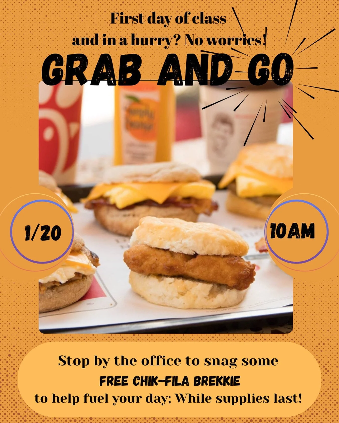 Stop by tomorrow morning, January 20th at 10am* for some tasty grab and go Chick Fil A breakfast!

We hope to see you there!

*While Supplies last

#terraceviewapartments #grabangobreakfast #chickfilla #thisistheplacetobe #weloveourresidents