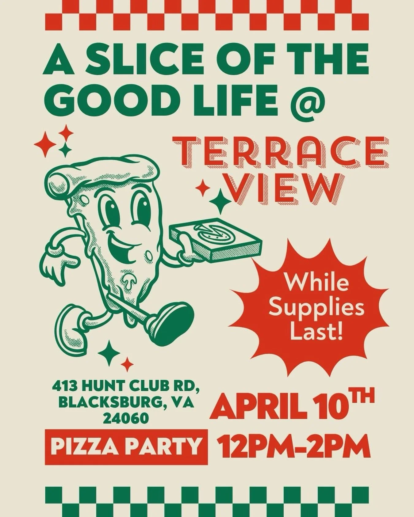 🍕Enjoy a slice of the good life courtesy of Terrace View! Join us TODAY at the Clubhouse from 12pm to 2pm for a Pizza Party!

Event first come, first serve and while supplies last.
.
.
.
.
.
#pizza #thegoodlife #blacksburg #virginiatech #party