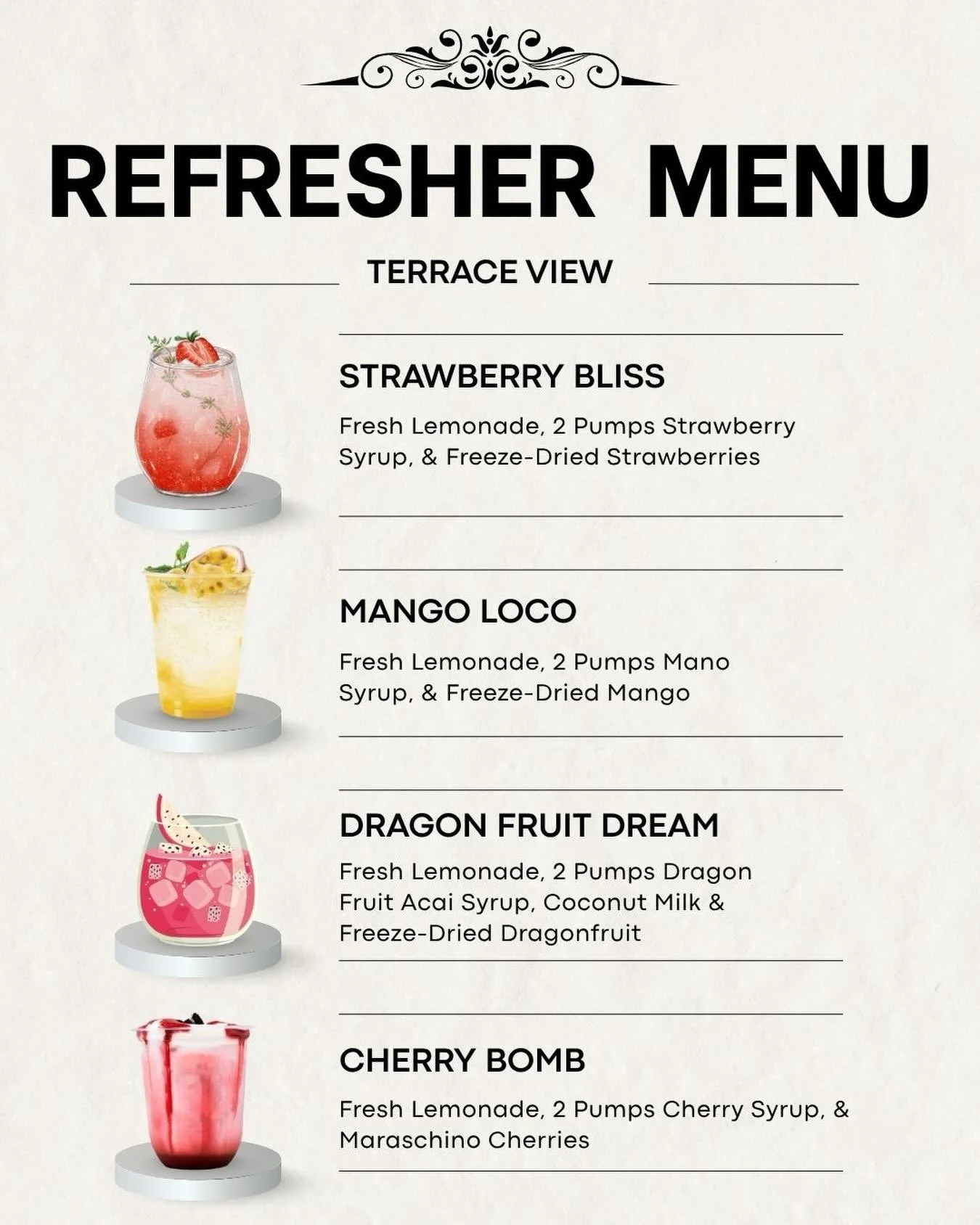 Beat the heat with something sweet! Swing by the Terrace View office tomorrow, 6/11, from 12 PM to 4 PM for our Thirsty Thursday event!

This week, we&rsquo;re switching things up with a refresher bar. The drinks above are some of the office&rsquo;s 